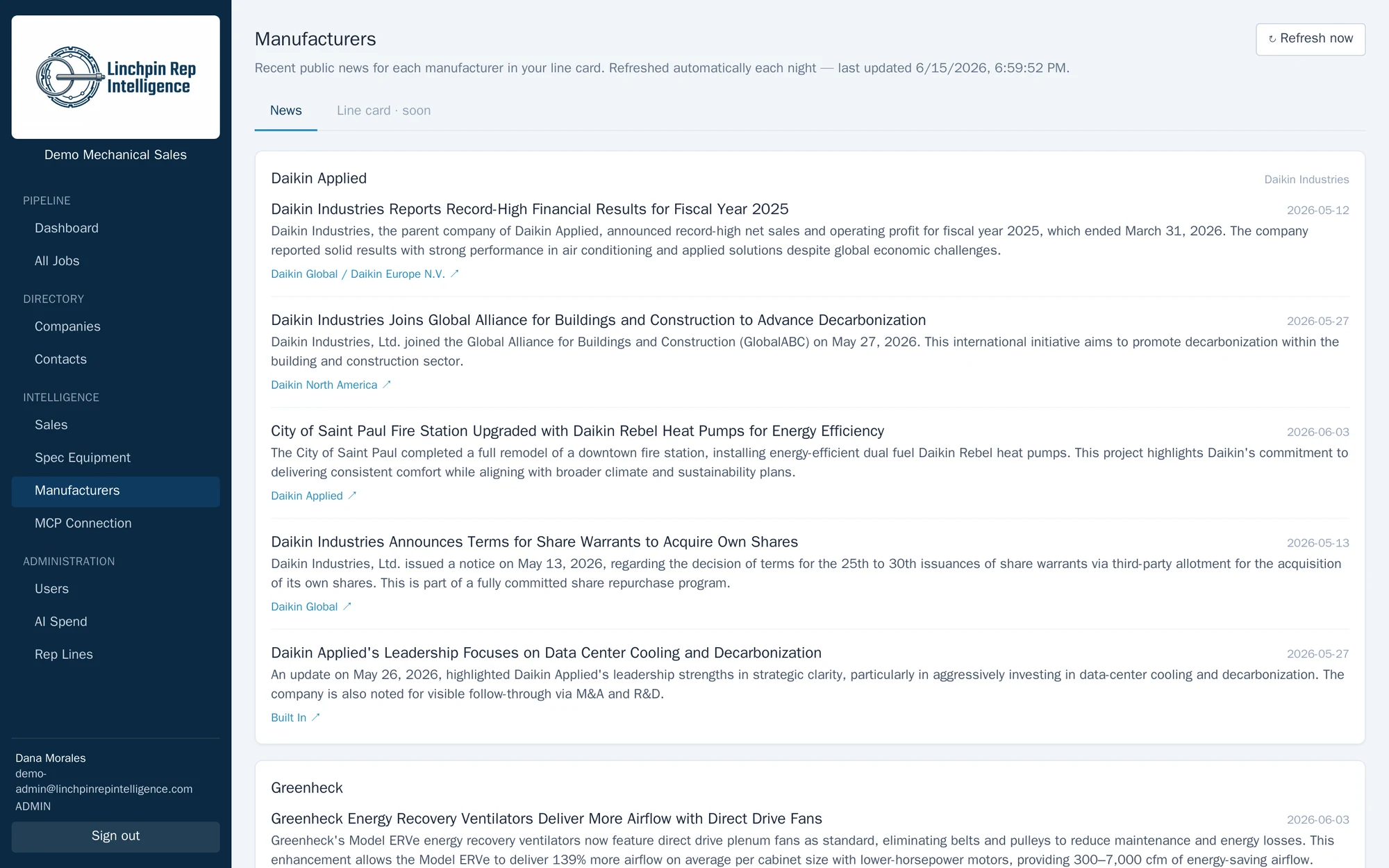 Manufacturer news feed: recent public announcements for each line on the rep's card, refreshed automatically each night.
