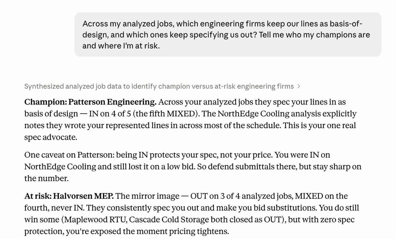 Claude Desktop connected to Linchpin via MCP, answering which engineering firms keep the rep as basis of design and which spec them out.