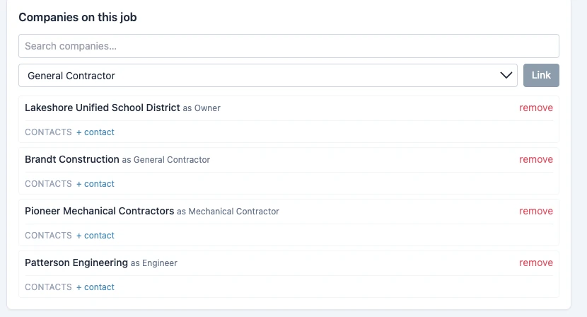Companies on a job, linked by role: owner, general contractor, mechanical contractor, and engineer, each with contacts.